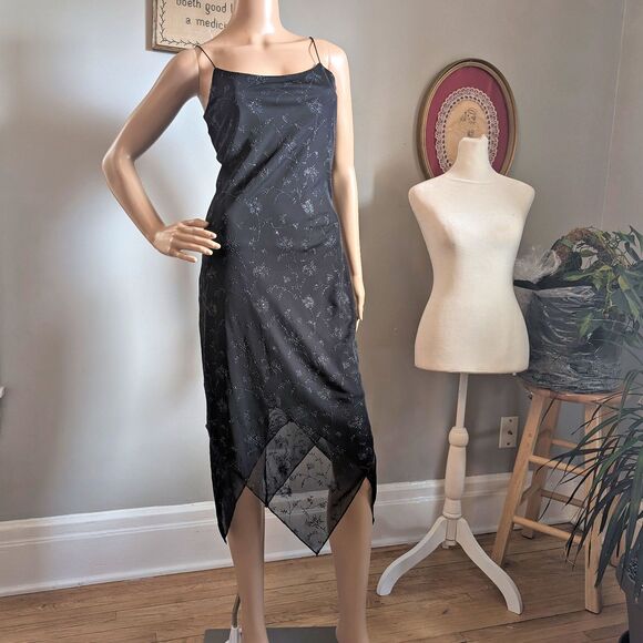 Vintage 90s Byer Too Black Midi Dress Cocktail Floral Glitter Whimsygoth Size S - Picture 10 of 13